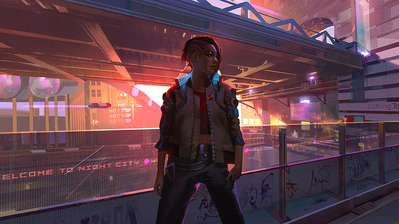 Download wallpaper 2048x1152 cyborg, hologram, cyberpunk, street