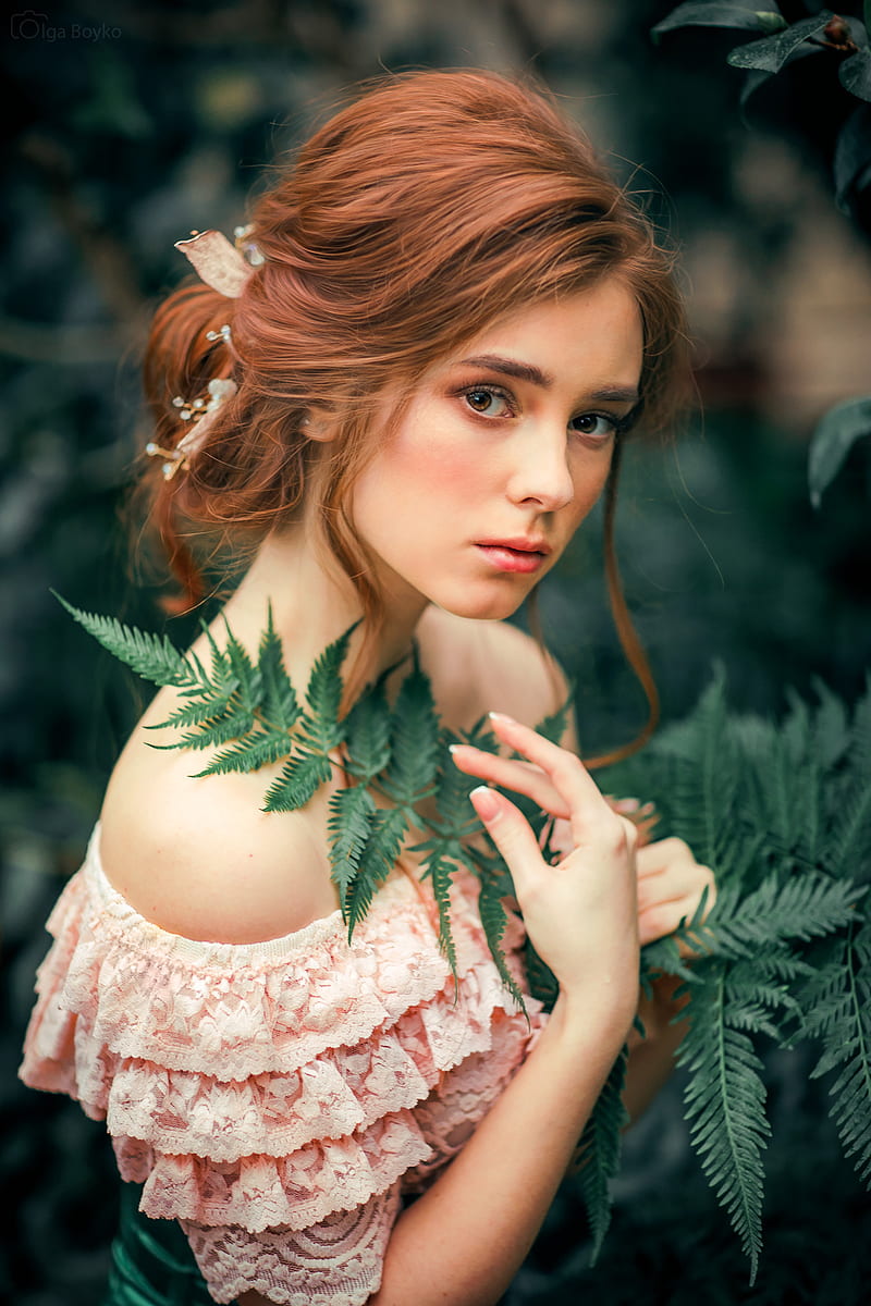 Olga Boyko, women, Alexandra Girskaya, redhead, hairbun, hair accessories, makeup, looking at viewer, blush, eyeliner, lipstick, leaves, bare shoulders, plants, portrait, model, women outdoors, HD phone wallpaper