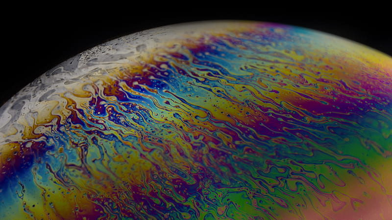 Macro shot of abstract rainbow and white colored round bubble with spots and swirls on black background, HD wallpaper