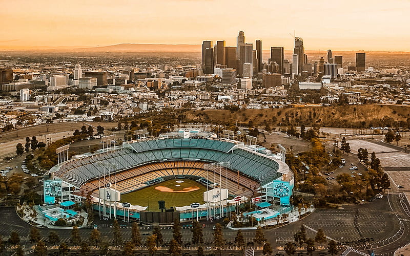 Dodger Stadium, Elysian Park, Los Angeles, California, MLB, Los Angeles cityscape, evening, sunset, skyline, baseball stadium, Major League Baseball, USA, HD wallpaper