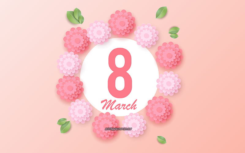 March 8, greeting card, pink flowers, spring holidays, 3d paper pink flowers, March 8 Pink background, HD wallpaper