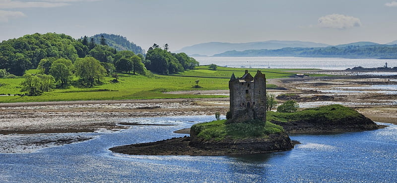scottish castle, wild, sunny, scottish, island, castle, sea, blue, HD wallpaper