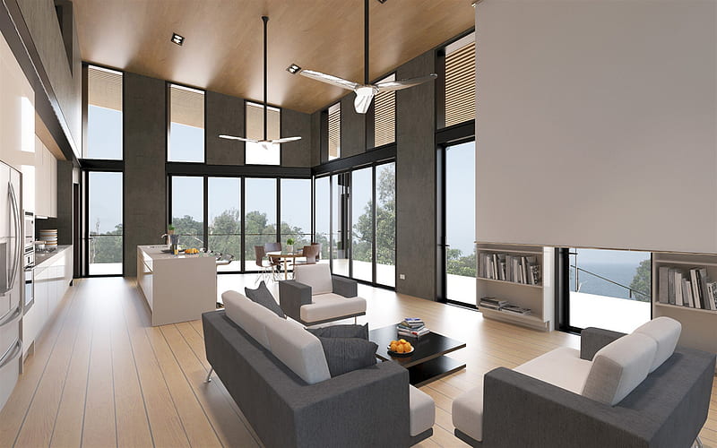 living room project, modern interior design, dining room, kitchen, stylish interior design, HD wallpaper