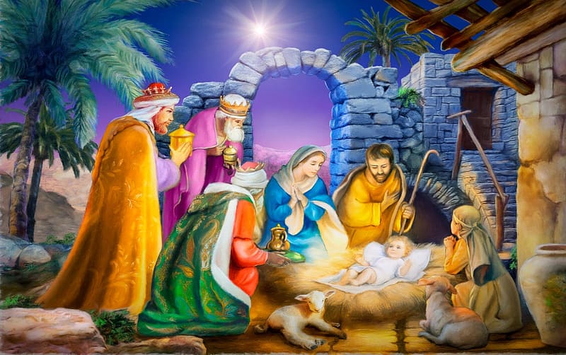 The Nativity Scene, nativity, christmas, joseph and Mary, colorful, manger, Jesus Christ, wise men, HD wallpaper