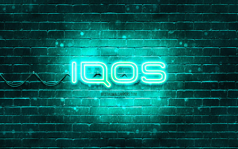 IQOS turquoise logo, , turquoise brickwall, IQOS logo, antivirus software, IQOS neon logo, IQOS, HD wallpaper