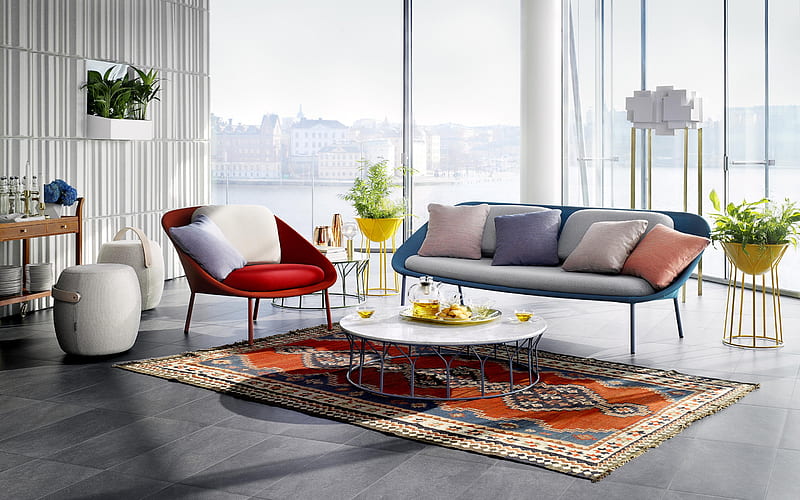 stylish living room, unusual design of chairs, sofa, retro style, modern design interior, HD wallpaper