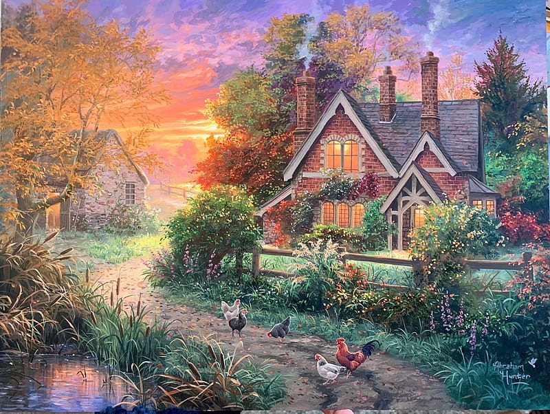 Warmth of Home, autumn, cottage, hens, sunset, shed, trees, rooster, artwork, pond, painting, HD wallpaper