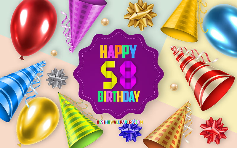 Happy 58 Years Birtay, Greeting Card, Birtay Balloon Background, creative art, Happy 58th birtay, silk bows, 58th Birtay, Birtay Party Background, Happy Birtay, HD wallpaper