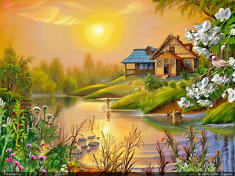 Landscape painting, art, cottage, painting, nature, river, sunrise, HD  wallpaper | Peakpx