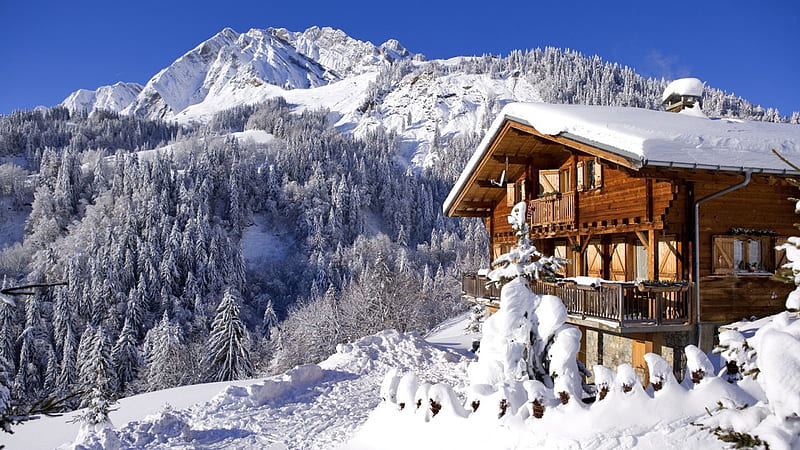 wondrous chalet in the french alps in winter, forest, chalet, winter, mountains, HD wallpaper