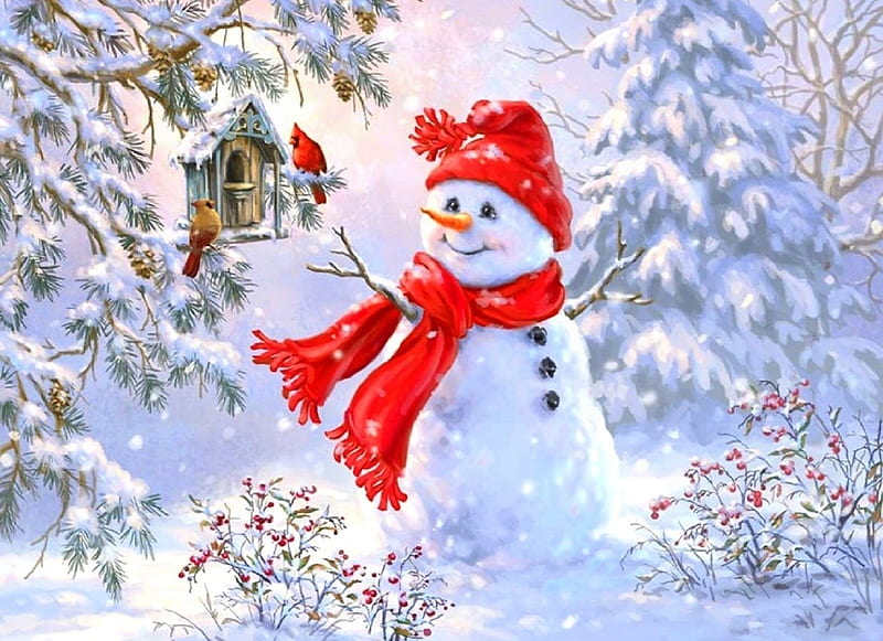 Snowman Greetings, Christmas, holidays, white trees, love four seasons, birds, attractions in dreams, snowman, xmas and new year, winter, cardinals, snow, HD wallpaper