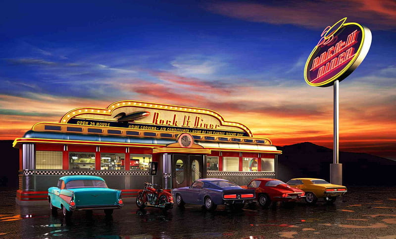 Rock It Diner, carros, motorbike, american, sky, diner, vintage, HD wallpaper