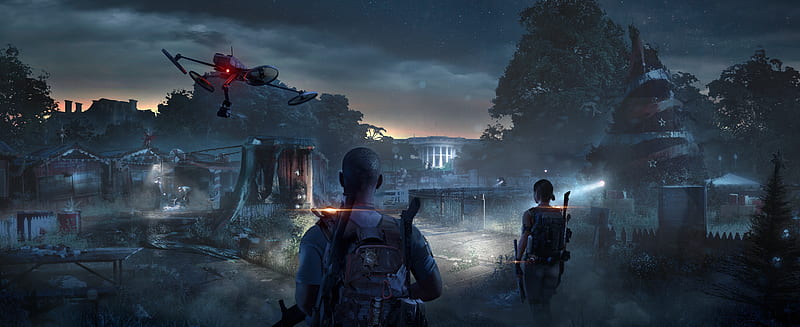 tom clancy's the division 2, drone, night, lights, Games, HD wallpaper