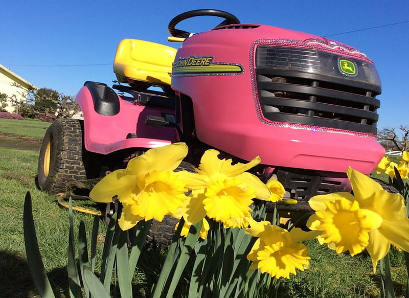 Pink John Deere Tractor Mower, Yellow, Pink, Tractor, John Deere, Lawn Mower, HD wallpaper