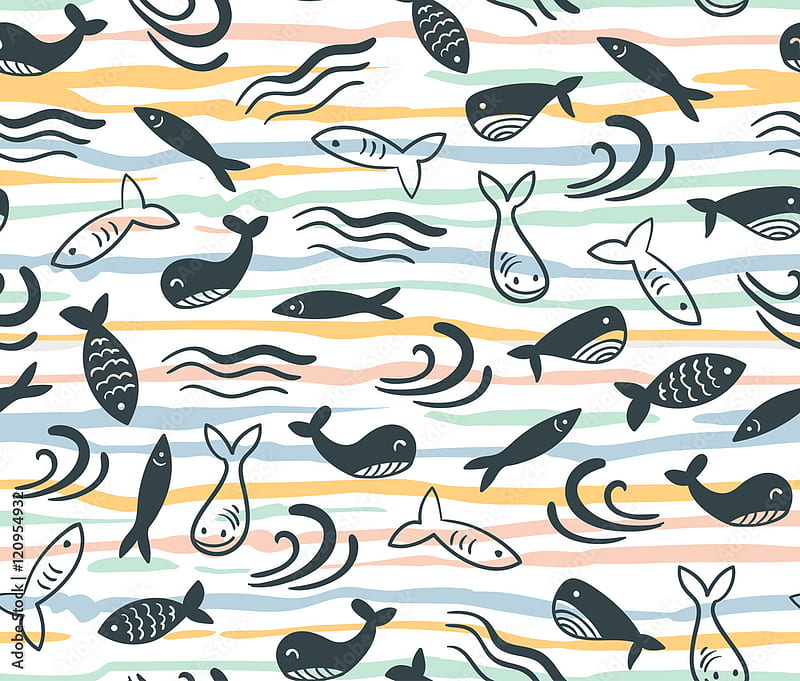 Seamless vector pattern with little cute fish cartoon. Surface design for fabric, and wrapping paper. Stock Vector, HD wallpaper