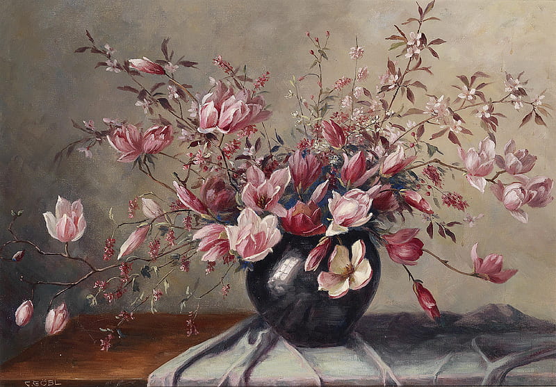 Pink magnolias, art, magnolia, painting, black, flower, vase, pink, camilla gobl wahl, pictura, HD wallpaper