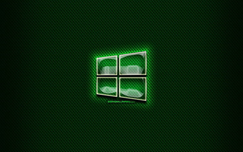 Windows 10 glass logo, green background, OS, artwork, brands, Windows 10 logo, creative, Windows 10, HD wallpaper