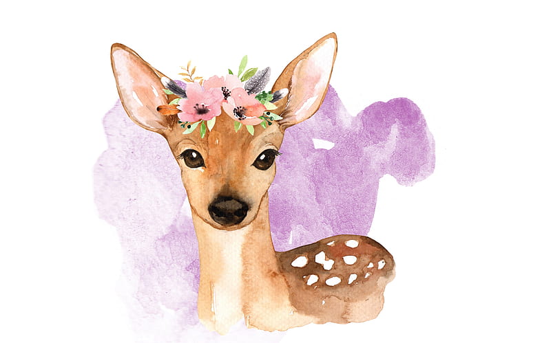 Deer, watercolor, wreath, art, caprioara, flower, pink, HD wallpaper