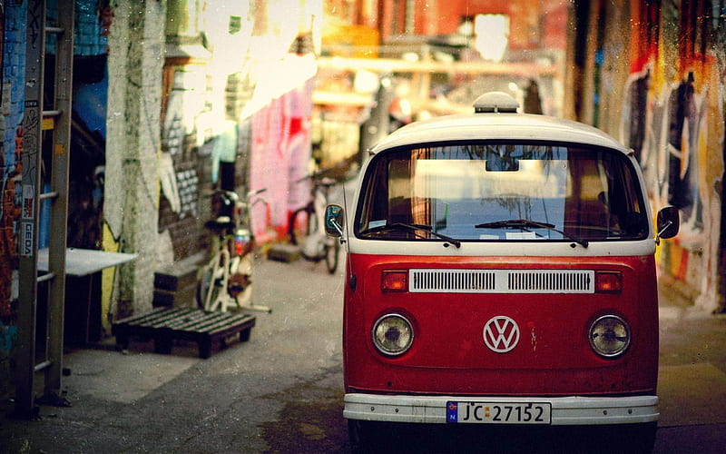 Volkswagen Bus Red-Cities architectural, HD wallpaper
