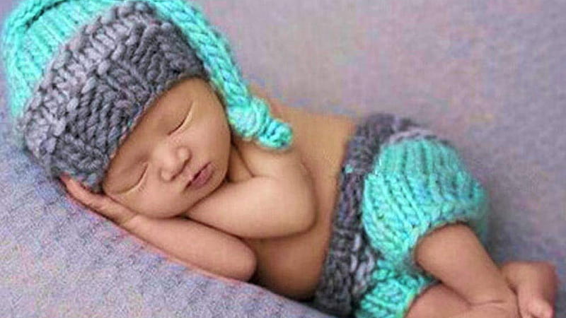 Cute Baby Is Sleeping On Light Purple Cloth Wearing Blue Ash Woolen Knitted Cap And Shorts Cute, HD wallpaper