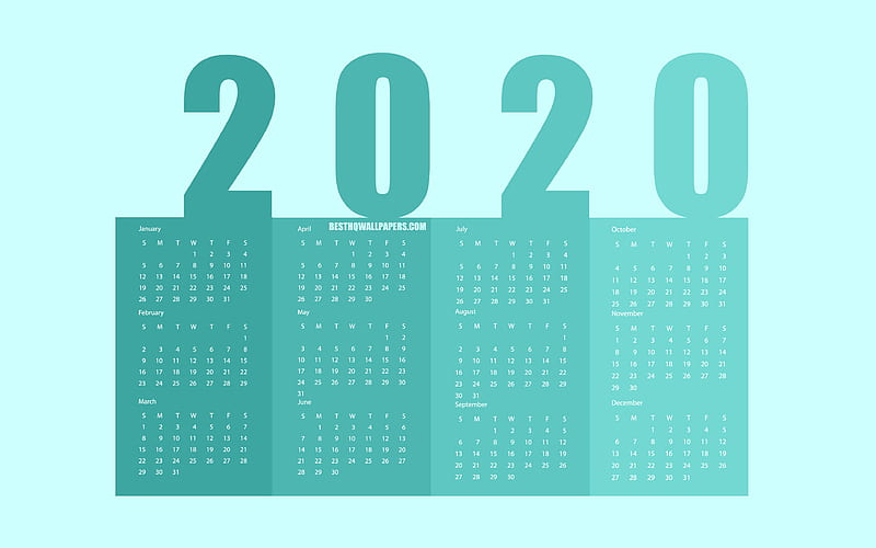 Turquoise 2020 Paper Calendar, all months, turquoise background, 2020 New Year Calendar, 2020 bookmarks calendar, 2020 Calendar, HD wallpaper