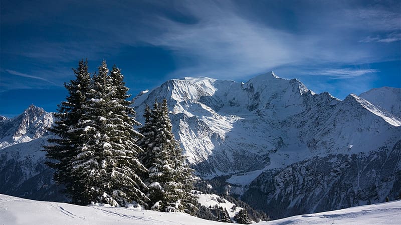 Mont Blanc, French Alps, rocks, snow, winter, trees, clouds, sky, france, HD wallpaper