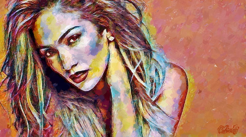 Jennifer Lopez, art, orange, by cehenot, cehenot, singer, girl, actress, painting, face, portrait, pictura, artis, pink, HD wallpaper