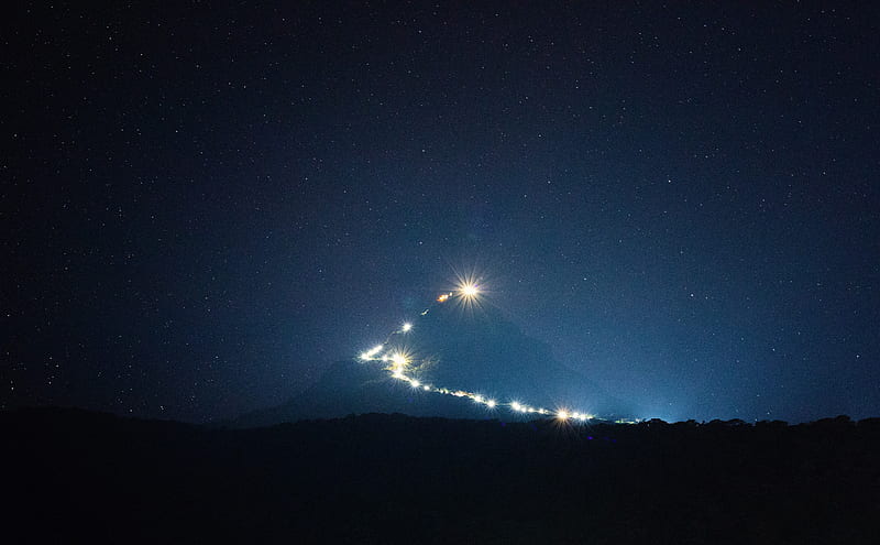 mountain, peak, light, night, lights, darkness, HD wallpaper