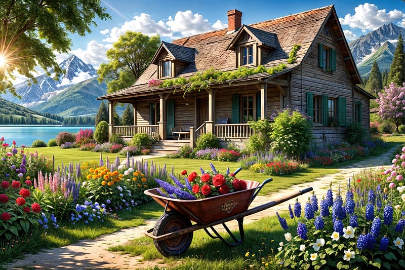 Country life, house, cart, beautiful, grass, rustic, freshness, mountain, flowers, province, countryside, view, serenity, lake, peaceful, cottage, rural, HD wallpaper