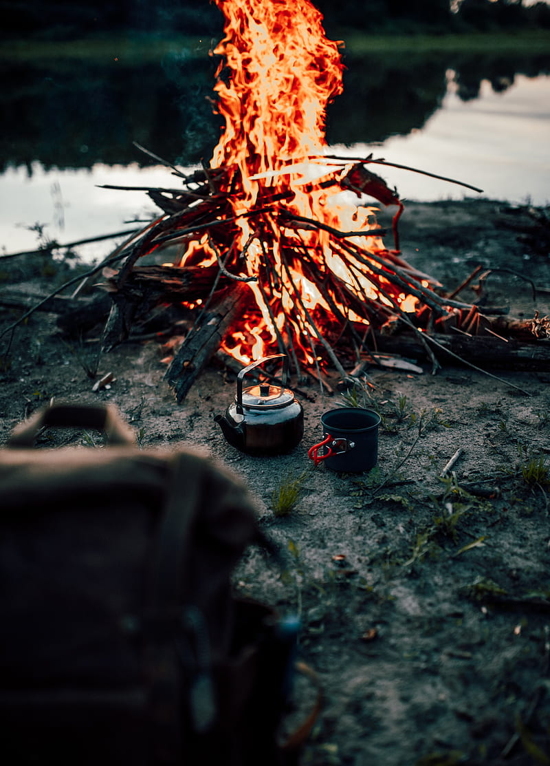 fire, dishes, camping, hiking, HD phone wallpaper