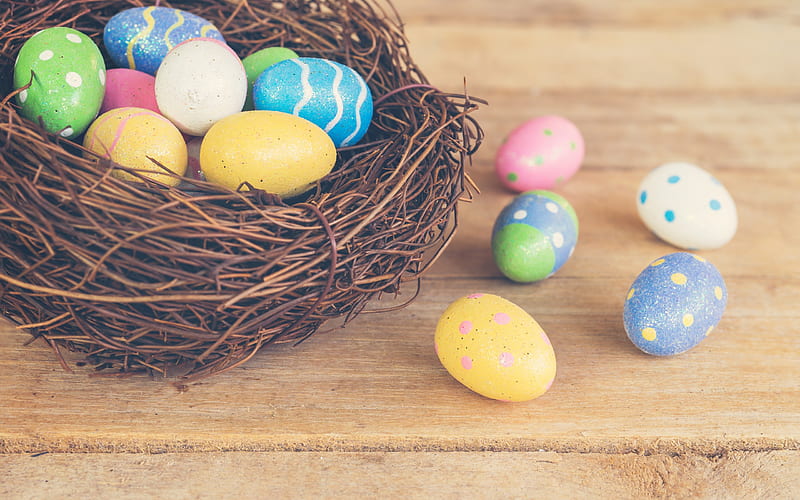Easter eggs, spring, basket, decorated eggs, easter decoration, spring holidays, HD wallpaper