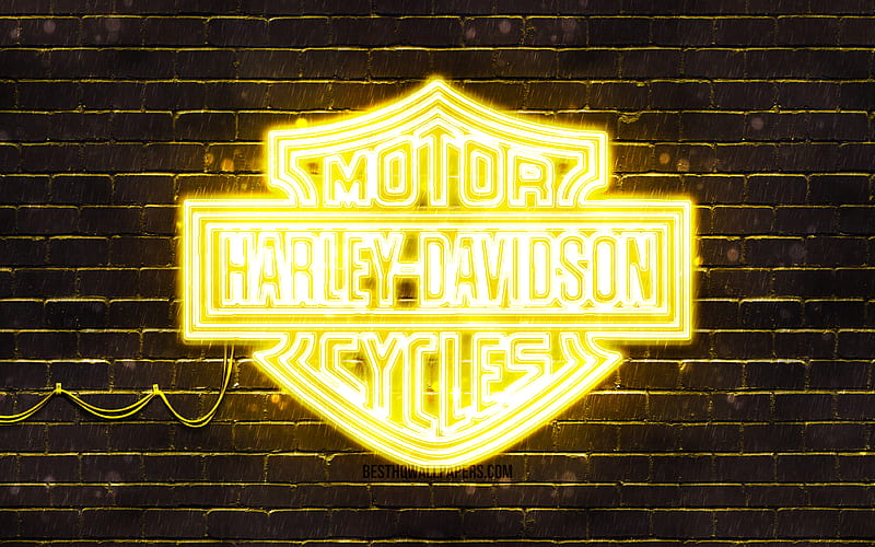 Harley-Davidson yellow logo yellow brickwall, Harley-Davidson logo, motorcyles brands, Harley-Davidson neon logo, Harley-Davidson, HD wallpaper