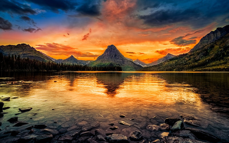 Two Medicine Lake sunset, summer, mountains, lake, beautiful nature, Glacier National Park, USA, America, R, HD wallpaper