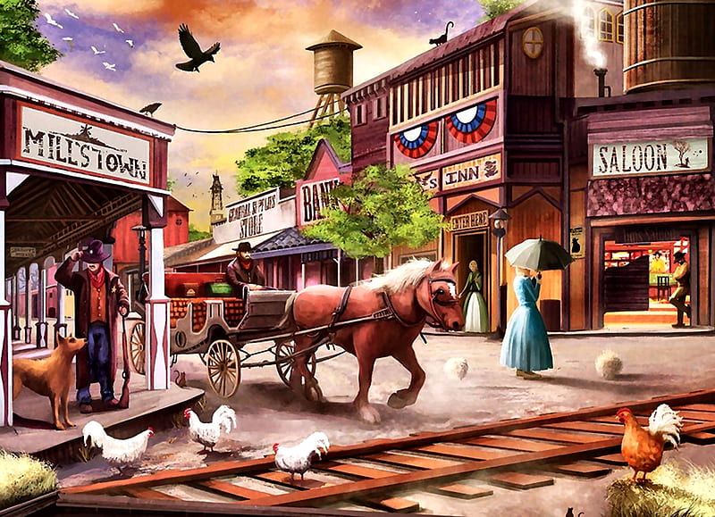 Western Town F, art, cityscape, town, equine, birds, bonito, horse, artwork, canine, animal, old west, painting, wide screen, chickens, dog, HD wallpaper