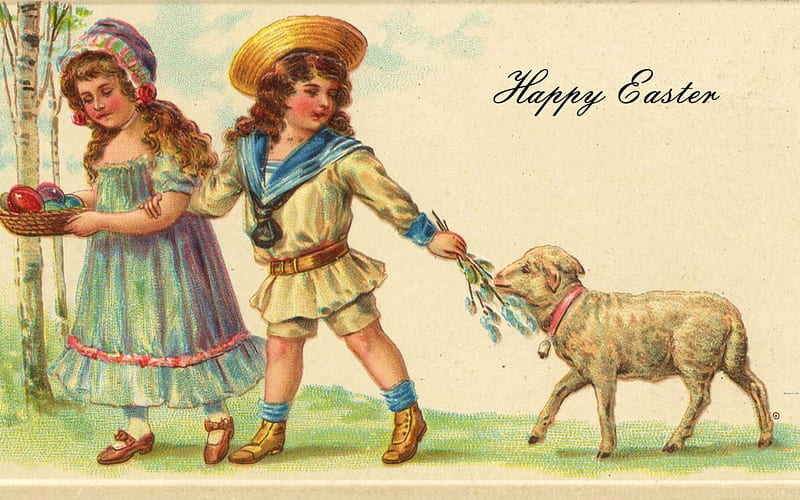 Happy Easter, lamp, boy, girl, painting, postcard, artwork, vintage, HD wallpaper
