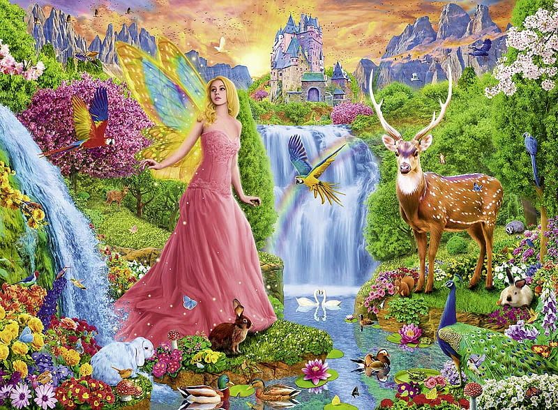 Fairyland, birds, spring, trees, artwork, deer, waterlily, pond, girl, mountains, waterfall, flowers, parrots, blooming, castle, fairy, peacock, ducks, wings, HD wallpaper