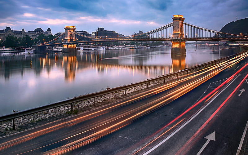 Budapest, Chain Bridge, Danube River, evening, sunset, Budapest cityscape, landmark, Hungary, HD wallpaper