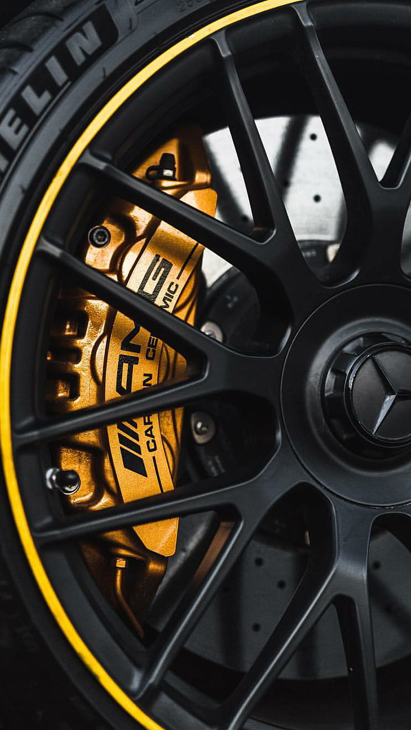 AMG wheel, mercedes, gt, car, black, yellow, HD phone wallpaper