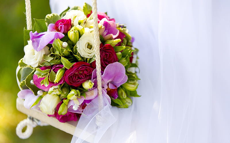bouquet of flowers, wedding bouquet, swing, red roses, bridal bouquet, HD wallpaper