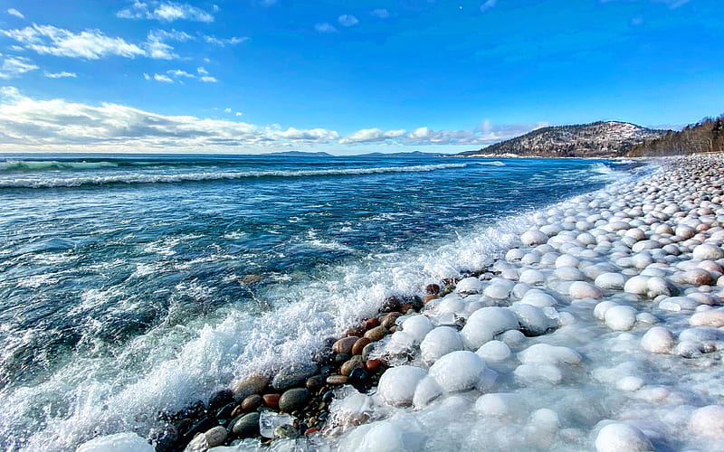 Pebble Beach, Lake Superior, Marathon, Ontario, sky, snow, winter, canada, clouds, HD wallpaper