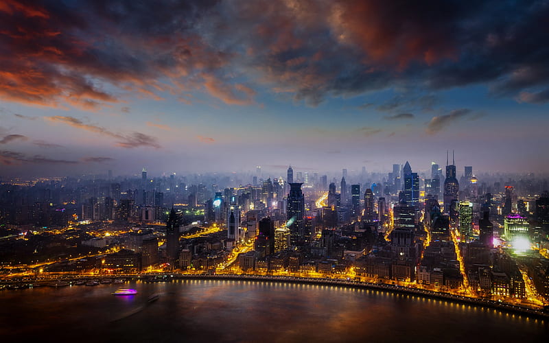 Shanghai, metropolis, evening, sunset, modern buildings, skyscrapers, cityscape, Shanghai skyline, China, HD wallpaper
