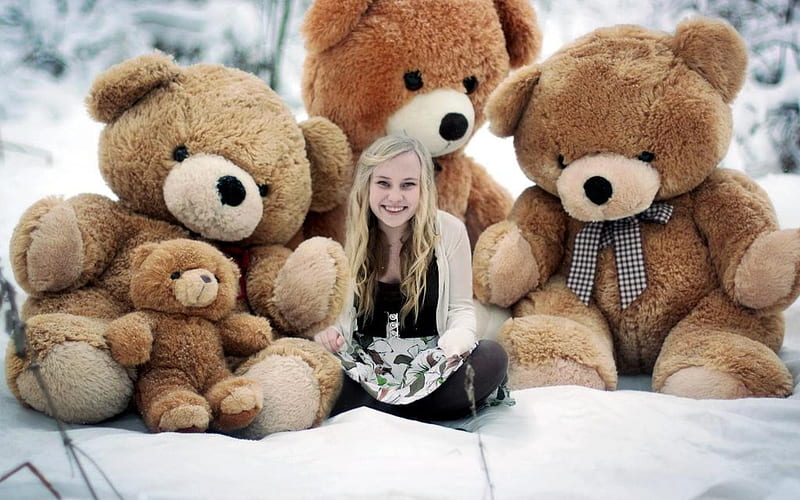 girl amongst big teddy bears, bear, blonde, girl, teddy, HD wallpaper