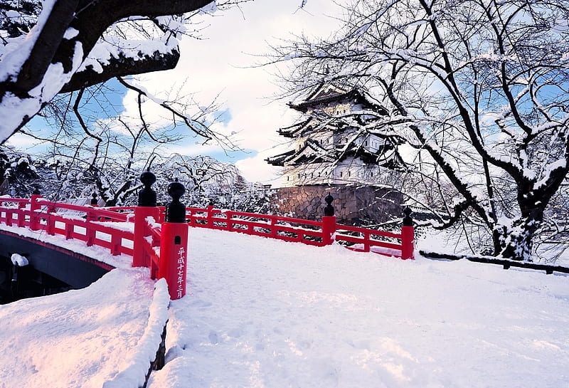 Aomori Castle, japan, japanese, snow, bridge, aomori, castle, scenery, winter, HD wallpaper