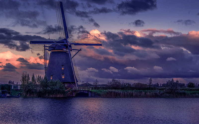 mill, evening, sunset, river, beautiful sunset, Netherlands, HD wallpaper
