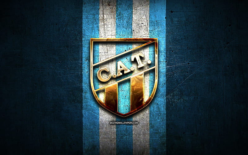 Tucuman FC, golden logo, Argentine Primera Division, blue metal background, football, CA Tucuman, argentinian football club, Tucuman logo, soccer, Argentina, Club Atletico Tucuman, HD wallpaper
