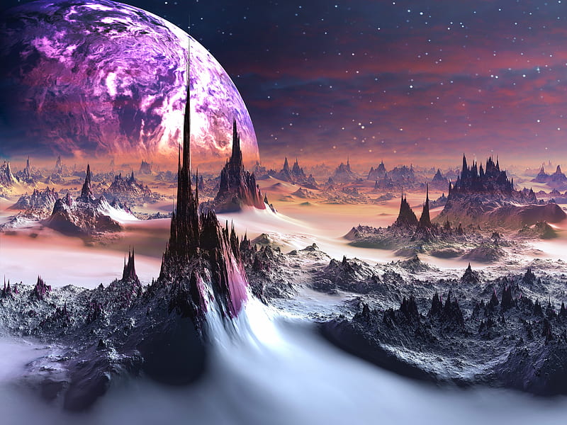 fantasy world, planet, sci-fi, towers, surface, Fantasy, HD wallpaper