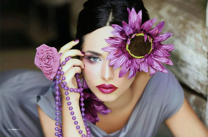 Beauty in flowers, rose, woman, lips, brunettes, purple color, femininity, makeup, flowers, beauty, ring, HD wallpaper