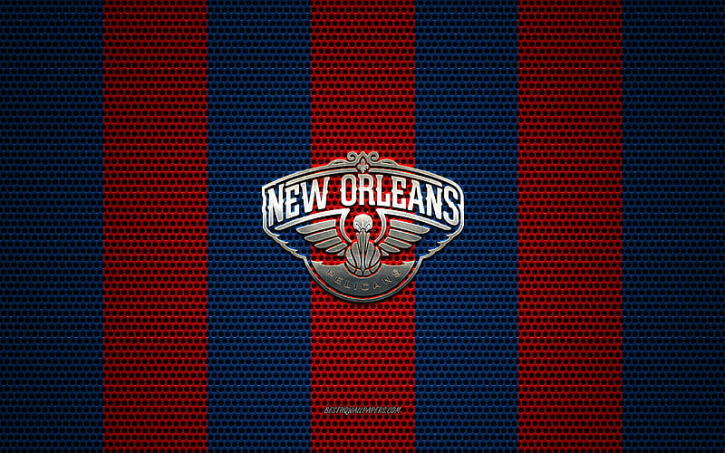 New Orleans Pelicans logo, American basketball club, metal emblem, red blue metal mesh background, New Orleans Pelicans, NBA, New Orleans, Louisiana, USA, basketball, HD wallpaper