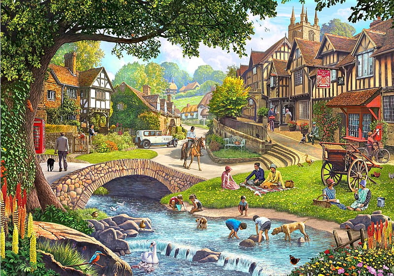 Full Stream Ahead, cart, village, children, river, horse, houses, artwork, tree, bridge, people, painting, HD wallpaper