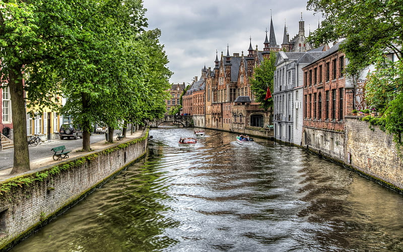 Bruges, canal, boats, promenade, houses, Belgium, HD wallpaper